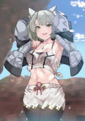 Rule 34 | 1girl, animal ears, armpits, arms behind head, arms up, bra, breasts, cat ears, chest jewel, cleavage, crop top, grey hair, highres, jacket, johnny funamushi, large breasts, midriff, mio (xenoblade), navel, pantyhose, shirt, skirt, smile, solo, stomach, tied shirt, underwear, wet, wet clothes, xenoblade chronicles (series), xenoblade chronicles 3