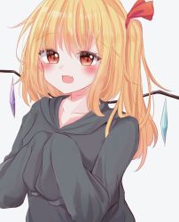 Rule 34 | 1girl, :d, blonde hair, breasts, crystal, fang, flandre scarlet, happy, highres, korira, looking at viewer, no headwear, no headwear, one side up, open mouth, oversized clothes, red eyes, short hair, simple background, small breasts, smile, solo, sweater, touhou, upper body, white background, wings