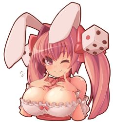 Rule 34 | 1girl, animal ears, bare shoulders, blush, bow, breasts, rabbit ears, cleavage, commentary, di gi charat, dice hair ornament, flying sweatdrops, hair bow, hair ornament, highres, huge breasts, large breasts, long hair, looking at viewer, off shoulder, one eye closed, pink eyes, pink hair, red bow, rikumaru, simple background, smile, solo, upper body, usada hikaru, white background