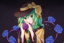 Rule 34 | 1girl, bad id, bad pixiv id, black background, black hat, blue flower, blue rose, bow, cheunes, commentary, flower, frilled shirt collar, frilled sleeves, frills, green eyes, green hair, hair between eyes, hands up, hat, hat bow, highres, holding, komeiji koishi, light particles, long sleeves, looking at viewer, rose, shirt, short hair, simple background, solo, third eye, touhou, upper body, wide sleeves, yellow bow, yellow shirt