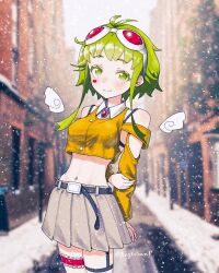 Rule 34 | 1girl, aegissanp, arms behind back, belt, blurry, blurry background, blush, bridal garter, brooch, collared shirt, cowboy shot, crop top, detached sleeves, detached wings, facial mark, green eyes, green hair, gumi, heart, heart facial mark, highres, holding own arm, jewelry, long sleeves, looking at viewer, midriff, mini wings, navel, outdoors, photo background, pleated skirt, shirt, short hair with long locks, skirt, sleeveless, sleeveless shirt, smile, snowing, solo, thigh strap, vocaloid, wings