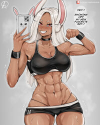 Rule 34 | 1girl, abs, absurdres, almualim, artist logo, black choker, black sports bra, blush, boku no hero academia, breasts, cellphone, choker, clenched hand, dark skin, english text, flexing, grey background, gym uniform, highres, holding, holding phone, large breasts, long hair, looking at viewer, mirko, muscular, muscular female, panty straps, patreon logo, patreon username, phone, red eyes, simple background, smartphone, solo, speech bubble, sports bra, sweat, teeth, thighs, watermark, web address, white hair