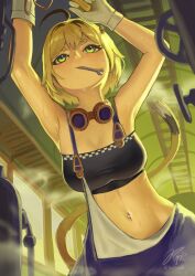 1girl absurdres ahoge blonde_hair blue_overalls breasts cowboy_shot dooby_(vtuber) full_composition gloves goggles goggles_around_neck green_eyes highres indie_virtual_youtuber khoaphan96 medium_breasts navel navel_piercing overalls piercing short_hair signature solo steam strapless sweat tail train_interior tube_top twitter_username virtual_youtuber white_gloves wrench