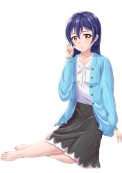 Rule 34 | 1girl, aqua jacket, artist name, artist request, bare legs, barefoot, black skirt, blue hair, blush, bow, bowtie, breasts, brown eyes, buttons, collarbone, dress, dress shirt, feet, female focus, full body, hair between eyes, highres, jacket, long hair, looking at viewer, love live!, love live! school idol project, miniskirt, nail polish, open clothes, open jacket, parted lips, plaid, plaid skirt, pleated, pleated skirt, ribbon, shirt, sitting, skirt, small breasts, smile, solo, sonoda umi, toenail polish, toenails, white background, white bow, white ribbon, white shirt, yellow eyes