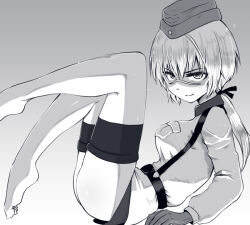 Rule 34 | 1girl, ass, breasts, closed mouth, from side, greyscale, hanna rudel, hat, large breasts, liar lawyer, long hair, looking at viewer, military hat, military uniform, monochrome, ponytail, scar, scar on face, simple background, smile, solo, strike witches, strike witches: suomus misfits squadron, uniform, world witches series
