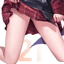 Rule 34 | 1girl, absurdres, bare legs, blue archive, demon wings, head out of frame, highres, hood, hoodie, kayoko (blue archive), khoaphan96, kneeling, legs, lifting own clothes, lower body, miniskirt, plaid, plaid skirt, shiny skin, simple background, single wing, skirt, solo, thigh focus, thighs, upskirt, view between legs, white background, wings