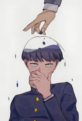 Rule 34 | 1boy, absurdres, black hair, blunt bangs, bowl cut, chongli shabi, covered mouth, covering own mouth, gakuran, giving, hand over own mouth, hand up, highres, holding, kageyama shigeo, liquid, long sleeves, looking at viewer, male focus, mob psycho 100, out of frame, reigen arataka, sanpaku, school uniform, short hair, simple background, solo, solo focus, straight-on, symbolism, upper body, white background