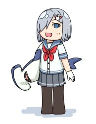 Rule 34 | 1girl, adapted costume, black pantyhose, blue eyes, commentary request, gloves, grey sailor collar, grey skirt, hair ornament, hair over one eye, hairclip, hama! (3toshinhmkz), hamakaze (kancolle), hammerhead shark, kantai collection, neckerchief, no nose, pantyhose, pleated skirt, rabbit hair ornament, red neckerchief, sailor collar, school uniform, serafuku, short hair, silver hair, simple background, skirt, solo, stuffed animal, stuffed shark, stuffed toy, white background, white gloves