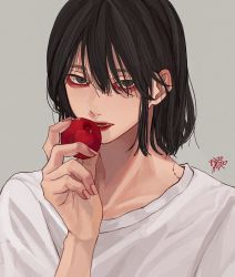 Rule 34 | 1boy, bishounen, bite mark, black hair, blue eyes, bob cut, commentary, constricted pupils, eating, english commentary, fang, food, fruit, grey background, hair between eyes, hand up, highres, holding, holding food, holding fruit, kagoya1219, looking at viewer, male focus, medium hair, open mouth, original, plum, shirt, signature, simple background, solo, straight hair, upper body, white shirt