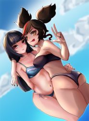 Rule 34 | 2girls, ass, bare shoulders, bikini, black hair, black nails, braid, breasts, brown eyes, brown hair, butt crack, from behind, from below, genshin impact, highres, lluvias, long hair, looking at viewer, looking back, multicolored hair, multiple girls, nail polish, red eyes, red hair, shiny skin, sideboob, smile, swimsuit, twintails, two-tone hair, very long hair, xinyan (genshin impact), yun jin (genshin impact)