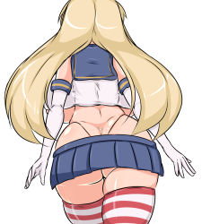 Rule 34 | 1girl, alternate breast size, ass, backboob, blonde hair, breasts, butt crack, crop top, curvy, elbow gloves, facing away, from behind, gloves, highres, huge ass, huge breasts, kantai collection, long hair, microskirt, moyashi udon, oppai loli, sailor collar, sailor shirt, shimakaze (kancolle), shirt, shortstack, skindentation, skirt, solo, striped clothes, striped thighhighs, thighhighs, thighs, thong, very long hair, walking, whale tail (clothing), white background, white gloves