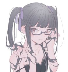 Rule 34 | 1girl, bad id, bad twitter id, bang dream!, black-framed eyewear, black hair, blunt bangs, brown eyes, closed mouth, glasses, hair ornament, hair ribbon, hands up, highres, holding, holding own hair, long hair, looking at viewer, nyubara reona, purple ribbon, ribbon, shiontaso, sidelocks, simple background, solo, spaghetti strap, strap slip, twintails, upper body, white background