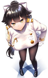 Rule 34 | 1girl, aaru (tenrake chaya), azur lane, bent over, black hair, black pantyhose, bow, breasts, closed mouth, clothes pull, coat, crossed bangs, full body, gloves, hair between eyes, hair bow, hair flaps, high collar, highres, large breasts, loafers, long hair, long sleeves, medal, military, military uniform, pantyhose, pantyhose pull, pleated skirt, ponytail, shadow, shoes, simple background, skirt, standing, takao (azur lane), tears, uniform, v-shaped eyebrows, white background, white bow, white gloves, yellow eyes