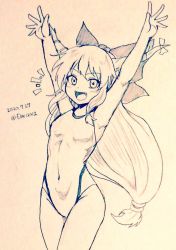 Rule 34 | 1girl, alternate costume, arms up, bare legs, breasts, commentary request, competition swimsuit, covered navel, cowboy shot, d-m (dii emu), eyelashes, greyscale, happy, horns, ibuki suika, long hair, looking at viewer, monochrome, one-piece swimsuit, oni horns, open mouth, swimsuit, touhou, traditional media, very long hair