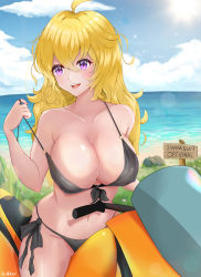 Rule 34 | 1girl, ahoge, artist name, bare shoulders, beach, bikini, bikini pull, black bikini, blonde hair, blue sky, breasts, clothes pull, cloud, collarbone, commentary, day, english commentary, front-tie bikini top, front-tie top, grass, highres, iwikker, large breasts, lens flare, long hair, looking to the side, motor vehicle, motorcycle, navel, o-ring, o-ring bikini, ocean, on motorcycle, open mouth, outdoors, pulled by self, purple eyes, rock, rwby, side-tie bikini bottom, sign, signpost, sitting, sky, smile, solo, sparkle, stomach, string bikini, sunlight, swimsuit, teeth, untied bikini, untying, upper teeth only, water, wavy hair, yang xiao long