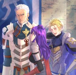 Rule 34 | 1girl, 2boys, arm at side, armor, black gloves, blonde hair, blue cape, cape, closed eyes, dark-skinned male, dark skin, dedue molinaro, dimitri alexandre blaiddyd, earrings, finger to another&#039;s cheek, fire emblem, fire emblem: three houses, fire emblem warriors: three hopes, gauntlets, gloves, hand on own hip, indoors, jewelry, laughing, long hair, multiple boys, nintendo, official alternate costume, official alternate hairstyle, purple hair, red cape, red gloves, riou (pooh920), shez (fire emblem), standing, white hair