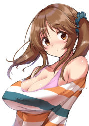 Rule 34 | 1girl, :o, bad id, bad pixiv id, bare shoulders, blush, breasts, brown eyes, brown hair, cleavage, hair ornament, hair scrunchie, idolmaster, idolmaster cinderella girls, kemololi, large breasts, looking at viewer, scrunchie, shirt, striped clothes, striped shirt, totoki airi, twintails, white background