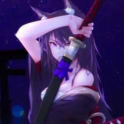Rule 34 | 1girl, alternate costume, animal ear fluff, animal ears, arknights, arm up, bandages, bare shoulders, breasts, cat ears, chinese commentary, commentary request, ergoujiya, hair between eyes, highres, holding, holding sword, holding weapon, japanese clothes, katana, kimono, long hair, looking at viewer, melantha (arknights), night, night sky, off shoulder, partial commentary, purple eyes, purple hair, purple kimono, sarashi, scabbard, sheath, sky, small breasts, solo, star (sky), starry sky, sword, unsheathing, upper body, weapon