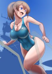 Rule 34 | 1girl, artist name, blue eyes, blue one-piece swimsuit, blue sky, breasts, brown hair, character name, cleavage, commentary request, competition swimsuit, covered navel, curvy, dated, day, feet out of frame, female focus, gradient sky, happy, intrepid (kancolle), kantai collection, large breasts, looking to the side, moke ro, one-hour drawing challenge, one-piece swimsuit, open mouth, ponytail, pool ladder, shiny skin, short hair, silhouette, sky, solo, swimsuit, wet, wet clothes, wet swimsuit