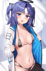 Rule 34 | 1girl, bikini, black bikini, black skirt, blue archive, blue eyes, blush, breasts, clothes pull, curtains, halo, halterneck, highres, holding, indoors, jacket, long hair, long sleeves, looking at viewer, medium breasts, micro bikini, multi-strapped bikini, mutenka (plfgb), navel, open clothes, open jacket, open mouth, parted bangs, purple hair, sidelocks, skindentation, skirt, skirt pull, solo, stomach, string bikini, swimsuit, thighs, two side up, v-shaped eyebrows, white jacket, yuuka (blue archive)