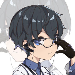 Rule 34 | 1boy, absurdres, adjusting eyewear, black gloves, black hair, blue eyes, blue shirt, coat, collared shirt, earpiece, expressionless, girls&#039; frontline, girls&#039; frontline neural cloud, glasses, gloves, hair between eyes, highres, lab coat, lanyard, looking at viewer, male focus, male professor (neural cloud), pakua, portrait, professor (neural cloud), shirt, short hair, signature, solo, white background, white coat, zoom layer