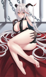 Rule 34 | 1girl, aegir (azur lane), ass, ass focus, ass grab, azur lane, bare shoulders, barefoot, blush, breasts, cameltoe, chain, corset, detached sleeves, dress, feet, grabbing, halter dress, halterneck, highres, horns, large breasts, licking lips, long hair, looking at viewer, lying, naughty face, no shoes, on side, seductive smile, see-through, sideboob, skindentation, smile, soles, solo, squeezing, togare, tongue, tongue out, very long hair, white hair, yellow eyes