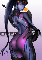 Rule 34 | 1girl, animal print, ass, back, bodysuit, center opening, colored skin, copyright name, cowboy shot, dated, earrings, gun, head-mounted display, helmet, holding, holding gun, holding weapon, holster, jewelry, lipstick, long hair, looking at viewer, looking back, makeup, overwatch, overwatch 1, ponytail, purple hair, purple lips, purple skin, rifle, short sleeves, signature, sniper rifle, solo, spider print, stud earrings, tattoo, thigh holster, thigh strap, very long hair, visor, weapon, widowmaker (overwatch), yellow eyes, yuanchuang