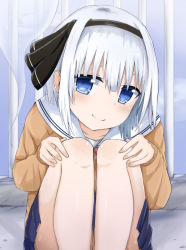 Rule 34 | 1girl, absurdres, alternate costume, blue eyes, blue skirt, blue sky, blush, cloud, commentary request, contemporary, daru (kumakumadon), feet out of frame, hair between eyes, hair ribbon, hands on own knees, head tilt, highres, knees to chest, konpaku youmu, konpaku youmu (ghost), legs together, looking at viewer, on ground, railing, ribbon, sailor collar, school uniform, short hair, silver hair, sitting, on ground, skirt, sky, smile, solo, sweater, touhou, white sailor collar