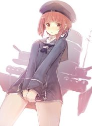 Rule 34 | 10s, 1girl, backlighting, blush, brown eyes, brown hair, clothes writing, covering privates, covering crotch, cowboy shot, dress, dress tug, hat, highres, kantai collection, machinery, md5 mismatch, resized, sailor dress, sailor hat, short hair, solo, sumisu (mondo), v arms, z3 max schultz (kancolle)