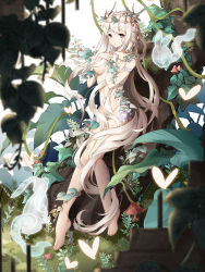 Rule 34 | 1girl, blonde hair, breasts, elf, flower, food fantasy, forest, full body, grey hair, head wreath, highres, long hair, looking at viewer, nature, official art, pale skin, plant, pointy ears, ratatouille (food fantasy), second-party source, solo, tree