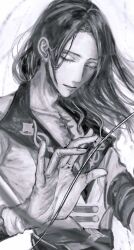 Rule 34 | 1boy, ao (en6gtl), bishounen, chest jewel, closed eyes, eyelashes, fate/grand order, fate (series), floating hair, greyscale, harp, highres, instrument, large hands, long hair, male focus, monochrome, music, open hand, playing instrument, solo, tristan (fate), upper body