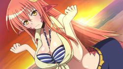 Rule 34 | 1girl, :|, annoyed, bare shoulders, beach, belt, bikini, bikini top only, blush, breasts, closed mouth, fang, game cg, hair between eyes, hair ornament, hairclip, horizon, lamia, large breasts, long hair, looking at viewer, miia (monster musume), monster girl, monster musume no iru nichijou, monster musume no iru nichijou online, ocean, open mouth, orange eyes, pointy ears, red hair, scales, shirt, skirt, slit pupils, smile, solo, sunset, swimsuit, tail, tied shirt, yellow eyes