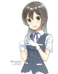 Rule 34 | 1girl, :d, bare arms, blush, brown hair, buttons, commentary request, dated, fingers together, gloves, green eyes, hair ornament, hairclip, hairpin, kangoku kou, kantai collection, long hair, neck ribbon, one-hour drawing challenge, open mouth, oyashio (kancolle), pocket, purple ribbon, ribbon, school uniform, shirt, short sleeves, smile, solo, standing, twitter username, vest, white background, white gloves, white shirt