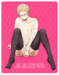 Rule 34 | 1boy, aran sweater, black thighhighs, blonde hair, brown eyes, cable knit, collarbone, full body, glasses, haikyuu!!, long sleeves, looking at viewer, male focus, off shoulder, short hair, solo, sweat, sweater, thighhighs, tsukishima kei, wai, white sweater