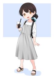 Rule 34 | 1girl, aqua ribbon, backpack, bag, black bag, brown eyes, brown hair, child, commentary request, cup, double-parted bangs, dress, drinking straw, grey dress, hair ribbon, holding, holding cup, kantai collection, kasuga maru (kancolle), legs, long hair, long sleeves, looking at viewer, medium dress, nassukun, open mouth, pinafore dress, ponytail, ribbon, sandals, shirt, sleeveless, sleeveless dress, solo, toenails, toes, white shirt