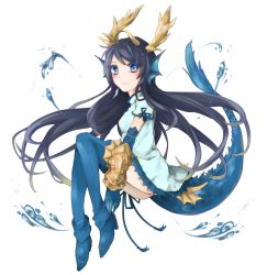 Rule 34 | 1girl, bad id, bad pixiv id, black hair, blue eyes, blue footwear, boots, chinese clothes, dragon tail, fins, gloves, gungho online entertainment, head fins, horns, hsiao, karin (p&amp;d), long hair, puzzle &amp; dragons, solo, tail, thighhighs, water