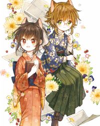 Rule 34 | 2girls, :d, androgynous, animal ears, back bow, bad id, bad pixiv id, book, boots, bow, brown hair, cat ears, commentary request, cover, cover page, floral background, floral print, genkou youshi, glasses, green eyes, green hakama, hair ornament, hakama, hakama skirt, hand up, holding, holding book, itou hachi, japanese clothes, kimono, long sleeves, looking at viewer, meiji schoolgirl uniform, multiple girls, obi, open mouth, original, red eyes, red kimono, round eyewear, sash, short hair, sidelocks, sitting, skirt, smile, textless version
