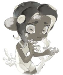 Rule 34 | 1girl, a a2001214, agent 8 (splatoon), black hair, bodysuit, commentary, coral, dark-skinned female, dark skin, grey eyes, highres, medium hair, nintendo, octoling, octoling girl, octoling player character, open mouth, scared, simple background, skin tight, sleeveless, sleeveless bodysuit, solo, splatoon (series), splatoon 3, splatoon 3: side order, tentacle hair, thick eyebrows, white background, white bodysuit