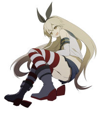 Rule 34 | 10s, 1girl, ankle boots, ass, bad id, bad pixiv id, bare shoulders, black panties, blonde hair, boots, elbow gloves, fetal position, full body, gloves, grey footwear, hair ribbon, harano, kantai collection, long hair, lying, on side, open mouth, panties, pantyshot, personification, ribbon, sailor collar, shimakaze (kancolle), simple background, skirt, smile, solo, striped clothes, striped thighhighs, thighhighs, underwear, upskirt, very long hair, white background, white gloves, yellow eyes