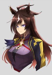 Rule 34 | 1girl, absurdres, ahoge, animal ears, black dress, black shirt, blue eyes, breasts, brown hair, cleavage, closed mouth, commentary request, dress, duramente (umamusume), expressionless, highres, horse ears, horse girl, horseshoe, long hair, long sleeves, looking at viewer, luna (gkluna mas), shirt, simple background, small breasts, solo, umamusume, upper body, white background