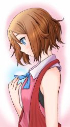 Rule 34 | 1girl, blue eyes, brown hair, closed mouth, collared shirt, creatures (company), emapippi, game freak, highres, looking down, nintendo, pokemon, pokemon (anime), pokemon xy (anime), serena (pokemon), shirt, short hair, simple background, sleeveless, sleeveless shirt, smile, solo