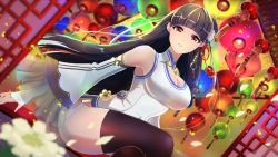 Rule 34 | 1girl, azur lane, bare shoulders, black hair, black thighhighs, blunt bangs, blurry, breasts, china dress, chinese clothes, cleavage cutout, clothing cutout, colorful, covered navel, crossed legs, depth of field, detached sleeves, dress, dutch angle, eyebrows, facing away, flower, gaku (pixiv11277098), hair flower, hair ornament, highres, lantern, large breasts, long hair, looking at viewer, petals, red eyes, see-through, short dress, sitting, sleeveless, sleeveless dress, solo, straight hair, tassel, taut clothes, taut dress, thighhighs, turtleneck, white dress, wide sleeves, yat sen (azur lane), zettai ryouiki
