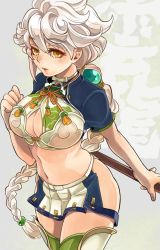 Rule 34 | 10s, 1girl, arms at sides, asymmetrical hair, braid, breasts, cleavage, cleavage cutout, clothing cutout, cloud print, crop top, hair ornament, jitome, kantai collection, large breasts, lips, long hair, looking at viewer, midriff, miniskirt, navel, parted lips, payu (pyms11), silver hair, single braid, skirt, solo, thighhighs, unryuu (kancolle), very long hair, wavy hair, yellow eyes, zettai ryouiki