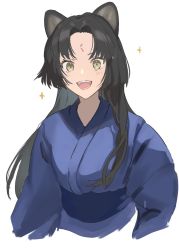 Rule 34 | 1girl, animal ears, arknights, black hair, blue kimono, brown eyes, commentary request, cropped torso, dog ears, facial mark, forehead mark, gawako, highres, japanese clothes, kimono, light blush, long hair, long sleeves, looking at viewer, obi, open mouth, saga (arknights), sash, simple background, smile, solo, upper body, white background