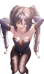 Rule 34 | 1girl, adjusting hair, armpits, arms up, black hair, black ribbon, blue leotard, blurry, blush, bodystocking, breasts, breasts apart, collarbone, commentary request, covered navel, depth of field, detached sleeves, genshin impact, hair between eyes, hair ribbon, heoningu, highres, leotard, long hair, looking away, medium breasts, mona (genshin impact), open mouth, ribbon, simple background, solo, star (symbol), thigh gap, white background