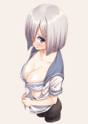 Rule 34 | 10s, 1girl, blue eyes, blush, bra, breasts, cleavage, hair over one eye, hamakaze (kancolle), highres, kantai collection, large breasts, looking at viewer, mikazuchi zeus, navel, open clothes, pantyhose, school uniform, serafuku, silver hair, solo, underwear