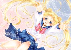 Rule 34 | 1990s (style), 1girl, bishoujo senshi sailor moon, blonde hair, blue eyes, blue sailor collar, blush, bow, brooch, doily, double bun, dress, dutch angle, earrings, falling, jewelry, knees, lace, long hair, moriya kaoru, navel, outstretched arms, outstretched hand, pleated skirt, reaching, red bow, ribbon, sailor collar, school uniform, serafuku, skirt, smile, solo, tsukino usagi, twintails