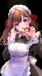 Rule 34 | 1girl, black background, blush, breasts, brown hair, earrings, hair ornament, hairclip, highres, holding, jewelry, long hair, long sleeves, looking at viewer, maid, maid headdress, open mouth, original, puracotte, purple eyes