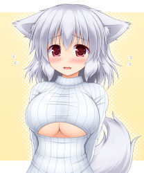 Rule 34 | 1girl, animal ears, blush, breasts, cleavage cutout, clothing cutout, fang, flying sweatdrops, halftone, halftone background, inubashiri momiji, large breasts, long sleeves, looking at viewer, meme attire, nagana sayui, nervous, nervous smile, open-chest sweater, open mouth, pink eyes, revision, smile, solo, sweater, tail, touhou, turtleneck, underboob, underboob cutout, upper body, wolf ears, wolf tail, you&#039;re doing it wrong