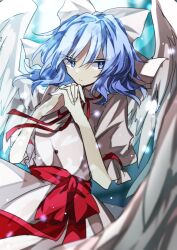 Rule 34 | 1girl, blue eyes, blue hair, bow, closed mouth, commentary request, dress, hair bow, highres, light particles, looking at viewer, mai (touhou), one-hour drawing challenge, short hair, short sleeves, solo, souko illust, touhou, touhou (pc-98), white bow, white dress, white wings, wings